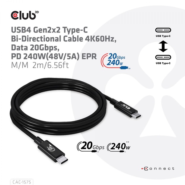 CABLE USB-C TO USB-C 2M/M/M CAC-1575 CLUB3D