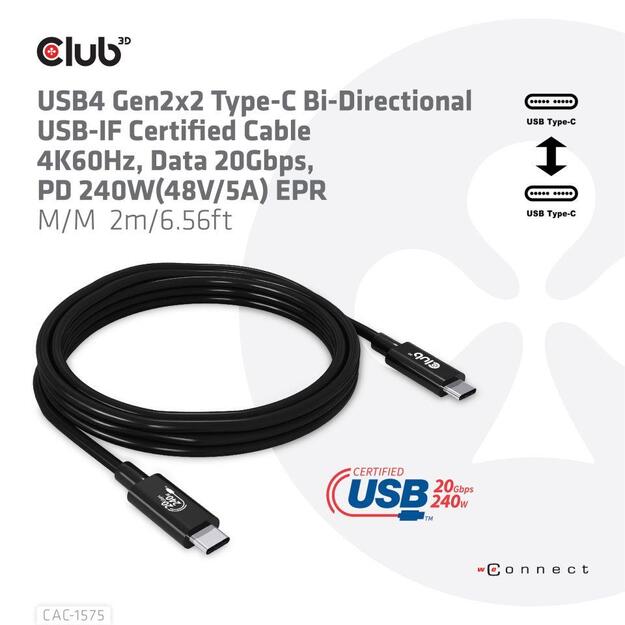 CABLE USB-C TO USB-C 2M/M/M CAC-1575 CLUB3D 2