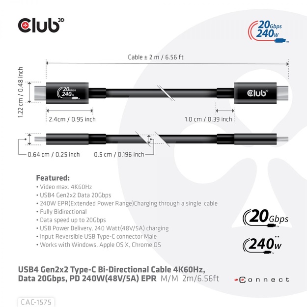 CABLE USB-C TO USB-C 2M/M/M CAC-1575 CLUB3D