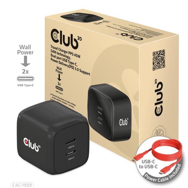 MOBILE CHARGER WALL USB-C DUAL/45W CAC-1909EU CLUB3D