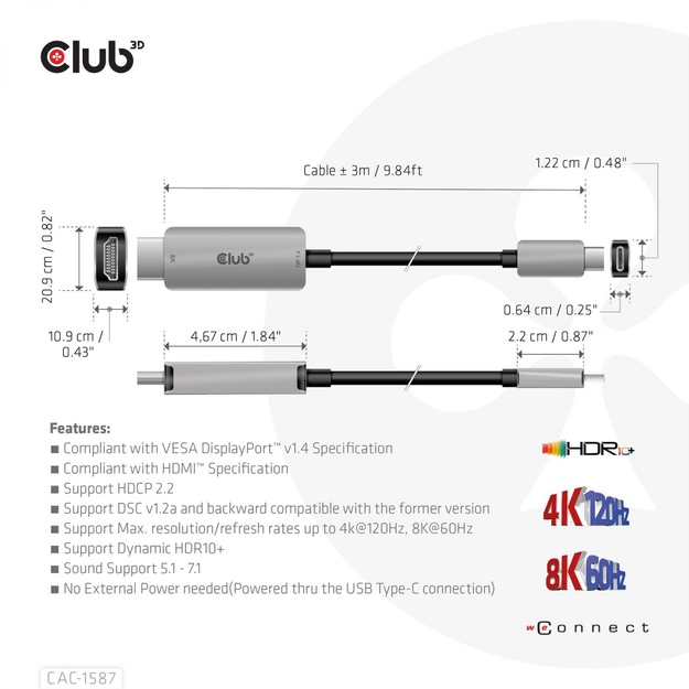 CABLE USB-C TO HDMI 3M/M/M CAC-1587 CLUB3D