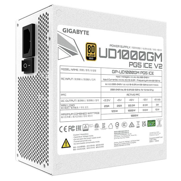 Power Supply|GIGABYTE|UD1000GM PG5 ICE|ATX 3.1|1000 Watts|Efficiency 80 PLUS GOLD|PFC Active|MTBF 100000 hours|GP-UD1000GMPG5ICE 5