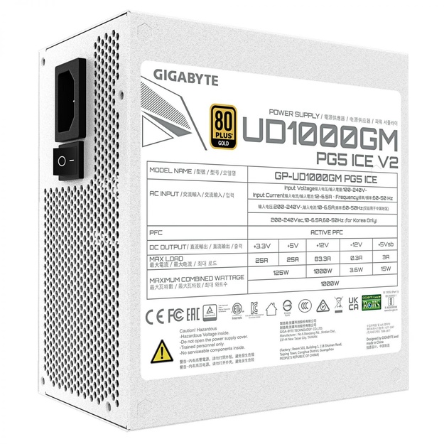 Power Supply|GIGABYTE|UD1000GM PG5 ICE|ATX 3.1|1000 Watts|Efficiency 80 PLUS GOLD|PFC Active|MTBF 100000 hours|GP-UD1000GMPG5ICE