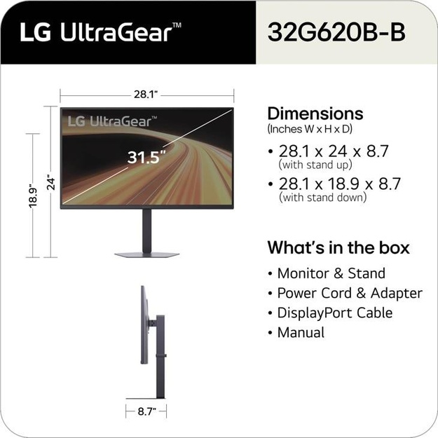 LCD Monitor|LG|32  |2560 x 1440 pixels|Quad HD|Native aspect ratio 16:9|LED|Flat|32G620B-B