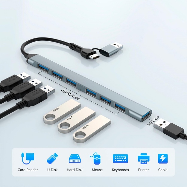I/O HUB USB-A/USB-C 7PORT/UHB-ACM-U3P1U2P6-01 GEMBIRD