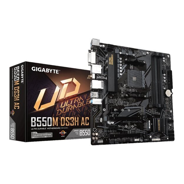 Pagrindinė plokštė GIGABYTE B550M DS3H AC AM4 4xDDR4 4xSATA 2xM.2 1xHDMI 1xDVI