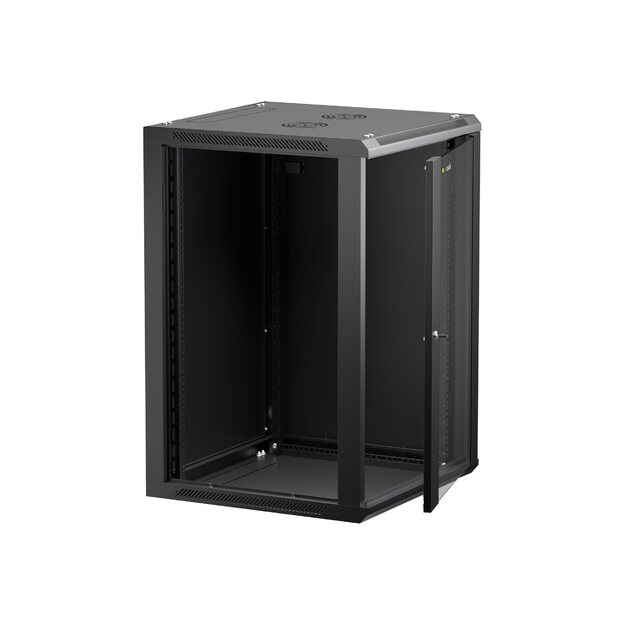 NETRACK 019-180-66-022 wall/hanging cabinet 19inch 18U/600 mm glass door black remov. side pan.