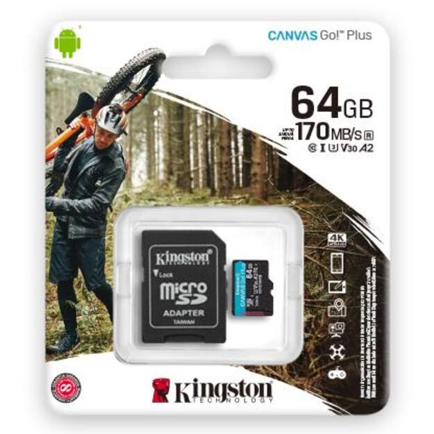 Atminties kortelė su adapteriu KINGSTON 64GB microSDXC Canvas Go Plus 170R A2 U3 V30 Card + ADP