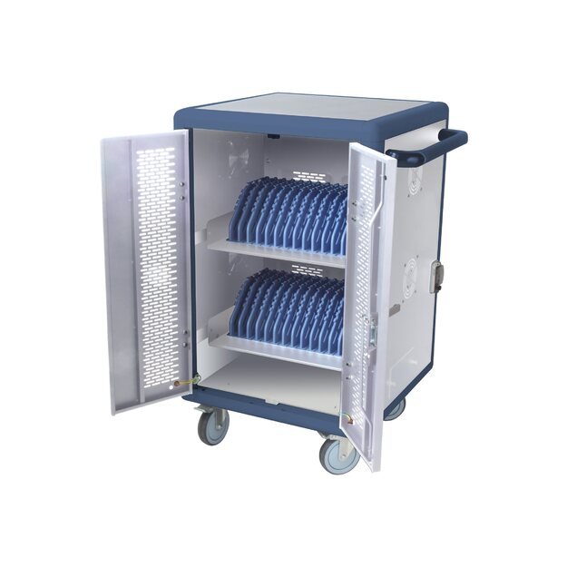 TECHLYPRO Ventilated Charging Station Trolley 30 Notebook or Smartphone White/Blue