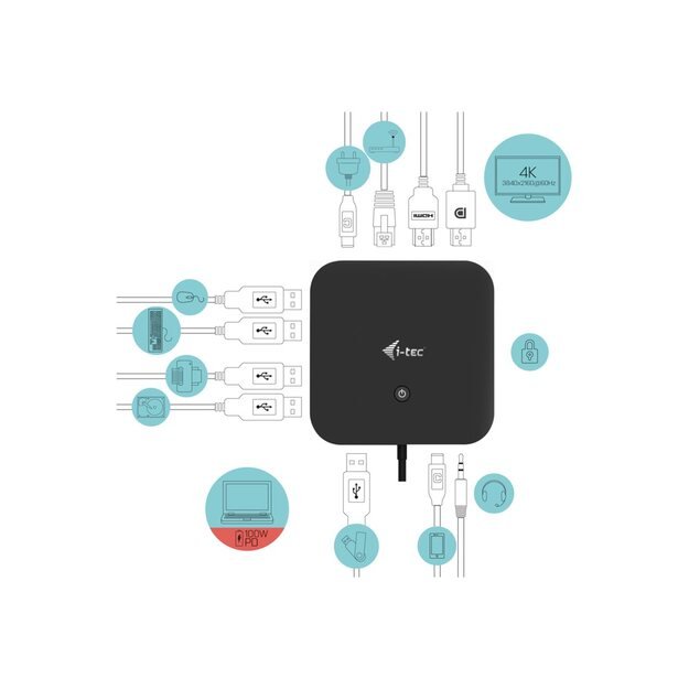 I-TEC USB-C Dual Display MST DS 1x DP 1x HDMI 1xGLAN 3xUSB 3.0 2xUSB 2.0 1xUSB-C-Datei 1xAudio/Mic Jack 1x100W USB-C PD+Charger 112W