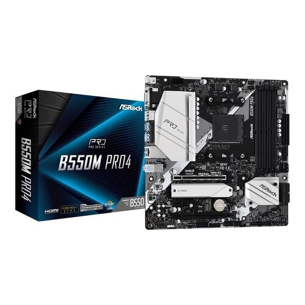 Pagrindinė plokštė ASROCK B550M Pro4 AM4 Socket DDR4 4733+ 1 x3.0 x16 x4.0 PCIe HDMI D-Sub DisplayPort 7.1 CH HD 6 SATA3 2 USB 3.2 mATX MB