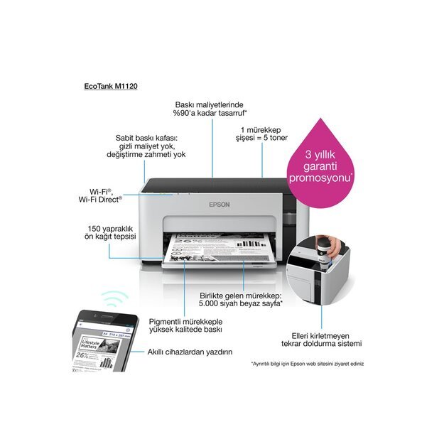 Rašalinis spausdintuvas EPSON EcoTank M1120 ink mono 15ppm