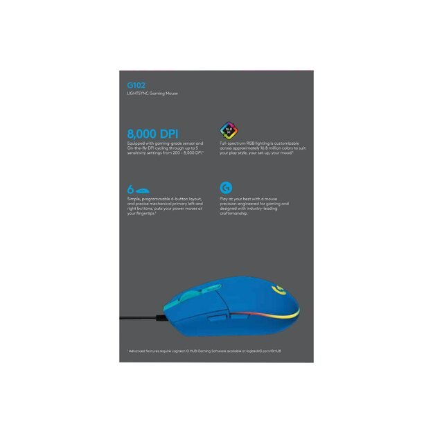 Kompiuterinė pelė laidinė LOGITECH G102 Lightsync Blue EER 7