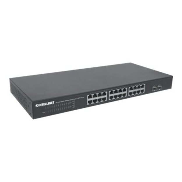 Komutatorius INTELLINET 24-Port Gigabit Ethernet Switch with 2 SFP Ports 24 x 10/100/1000 Mbps RJ45 Ports + 2 x SFP IEEE 802.3az 19inch Rackmount 12