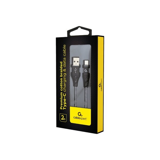 GEMBIRD CC-USB2B-AMCM-2M-BW Gembird Premium cotton braided Type-C USB charging and data cable,2m,black/white 1