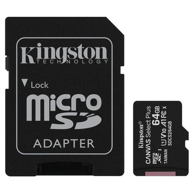 Atminties kortelė su adapteriu KINGSTON 64GB micSDXC Canvas Select Plus 100R A1 C10 Card + ADP