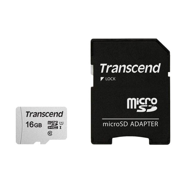 Atminties kortelė su adapteriu MEMORY MICRO SDHC 16GB W/ADAP/C10 TS16GUSD300S-A TRANSCEND
