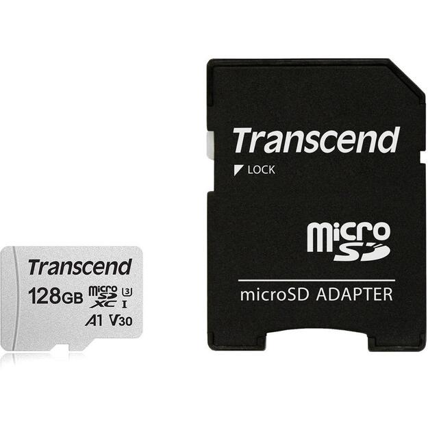Atminties kortelė su adapteriu MEMORY MICRO SDXC 128GB W/ADAP/C10 TS128GUSD300S-A TRANSCEND