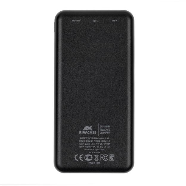 Išorinė baterija USB 20000MAH/BLACK VA2571 RIVACASE