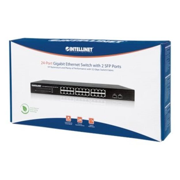 INTELLINET 24-Port Gigabit Ethernet Switch with 2 SFP Ports 24 x 10/100/1000 Mbps RJ45 Ports + 2 x SFP IEEE 802.3az 19inch Rackmount