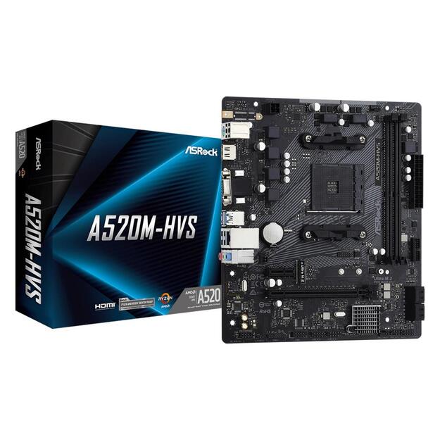 Pagrindinė plokštė|ASROCK|AMD A520|SAM4|MicroATX|1xPCI-Express 3.0 1x|1xPCI-Express 3.0 16x|1xM.2|Memory DDR4|Memory slots 2|1x15pin D-sub|1xHDMI|2xAudio-In|1xAudio-Out|2xUSB 2.0|4xUSB 3.2|1xPS/2|1xRJ45|A520M-HVS