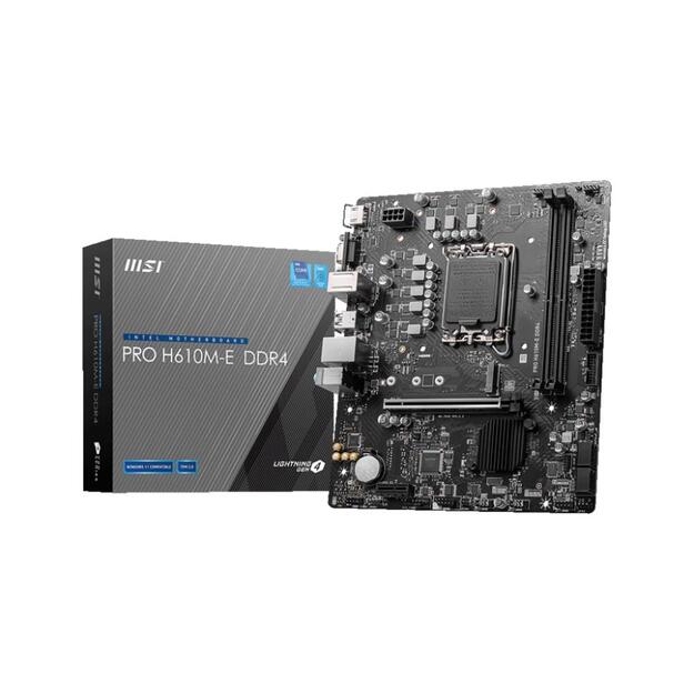Pagrindinė plokštė |MSI|Intel H610|LGA1700|MicroATX|Memory DDR4|Memory slots 2|1xPCI-Express 1x|1xPCI-Express 16x|1xM.2|1x15pin D-sub|1xHDMI|4xUSB 2.0|2xUSB 3.2|1xPS/2|1xRJ45|3xAudio port|PROH610M-EDDR4