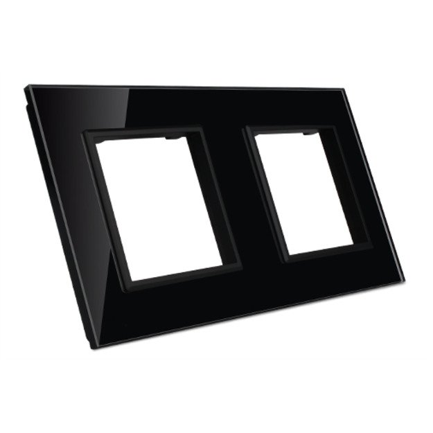 Toughened glass socket frame 2-gang black Livolo
